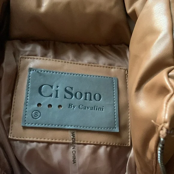 NWT Ci Sono brown vegan leather puffer jacket size small - Picture 2 of 4